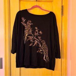Chico's Black Top with Metallic Embroidered Parrots